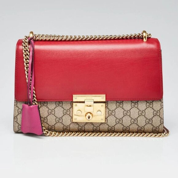 Gucci Red GG Supreme Coated Canvas Padlock Medium Shoulder Bag - Picture 1 of 10